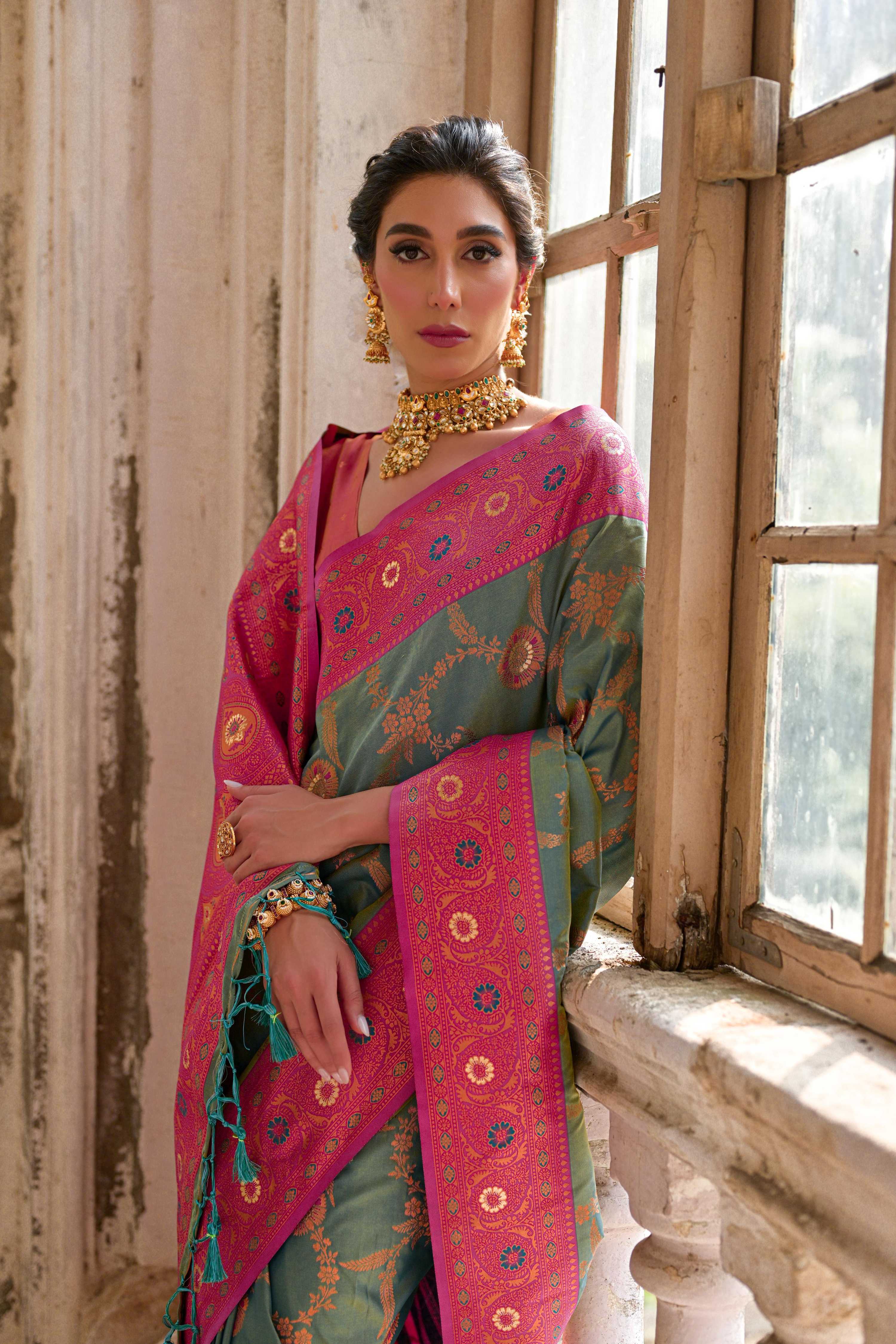 Jyoti Fashion Women's Rama Banarasi Silk Zari Woven Traditional Saree with Blouse - Distacart