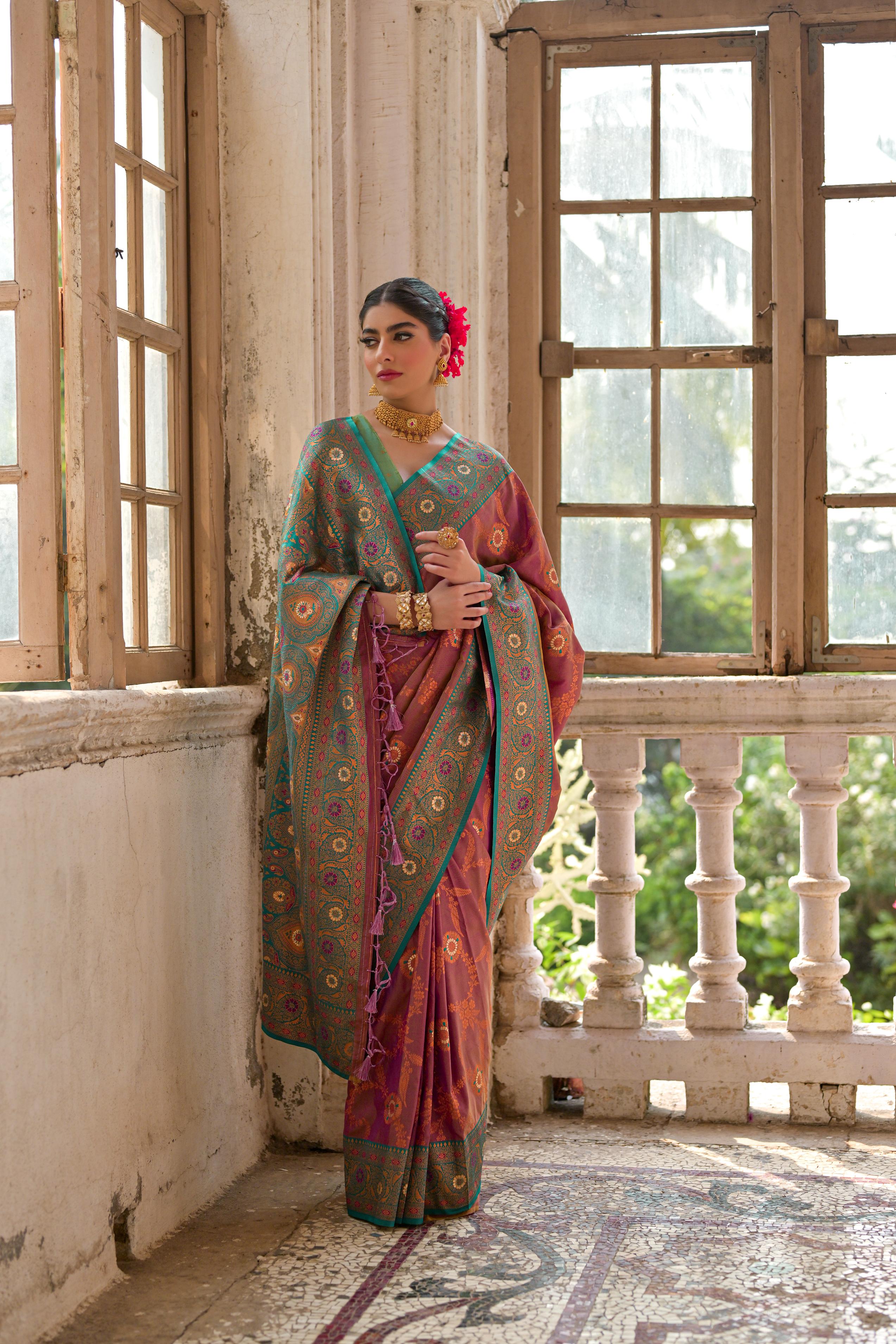 Jyoti Fashion Women's Wine Banarasi Silk Zari Woven Traditional Saree with Blouse - Distacart