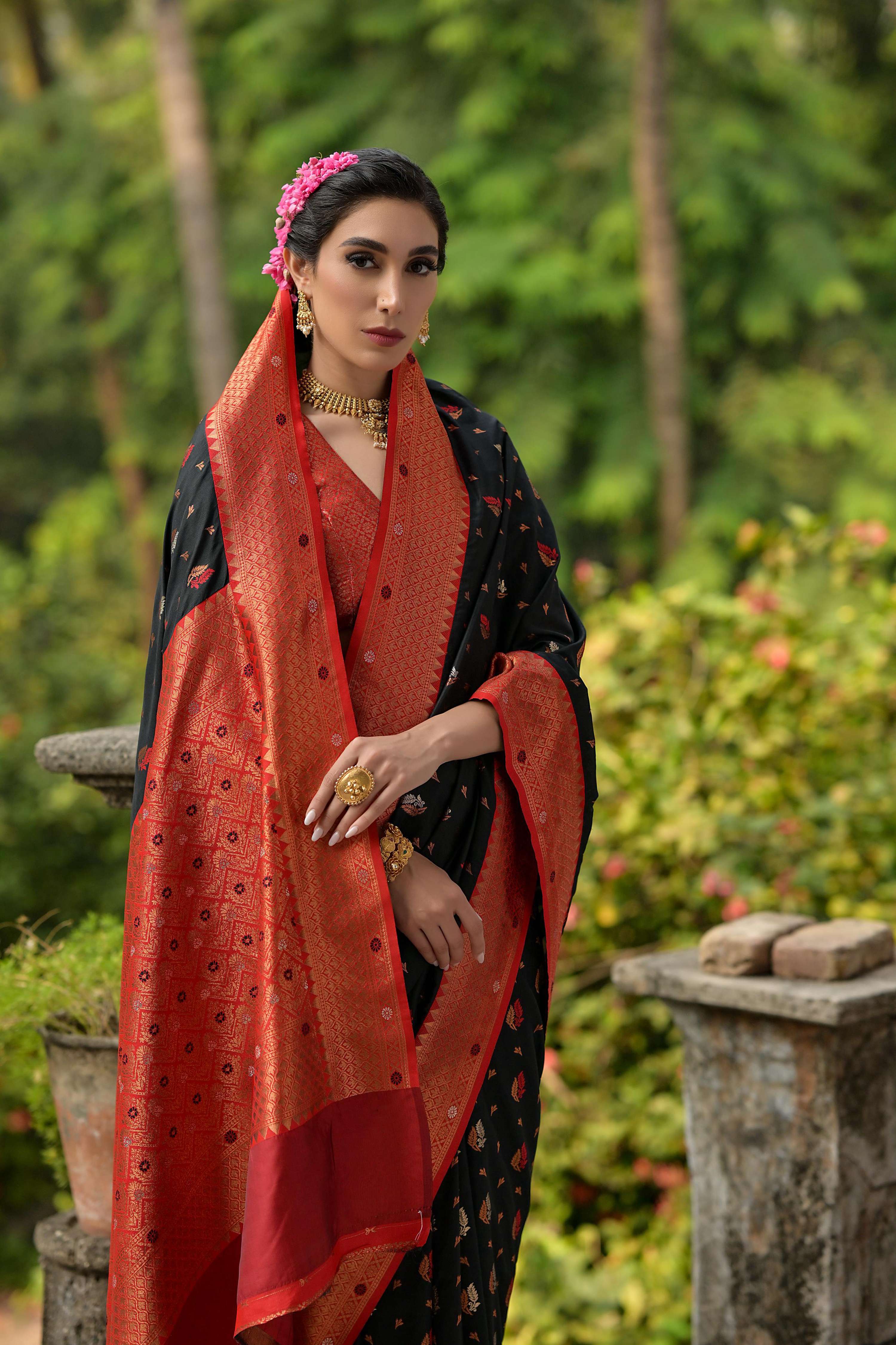 Jyoti Fashion Women's Black Banarasi Silk Zari Woven Traditional Saree with Blouse - Distacart