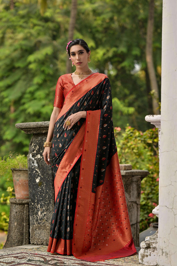 Jyoti Fashion Women's Black Banarasi Silk Zari Woven Traditional Saree with Blouse - Distacart