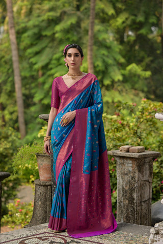 Jyoti Fashion Women's Blue Banarasi Silk Zari Woven Traditional Saree with Blouse - Distacart