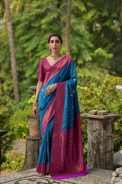 Jyoti Fashion Women's Blue Banarasi Silk Zari Woven Traditional Saree with Blouse - Distacart