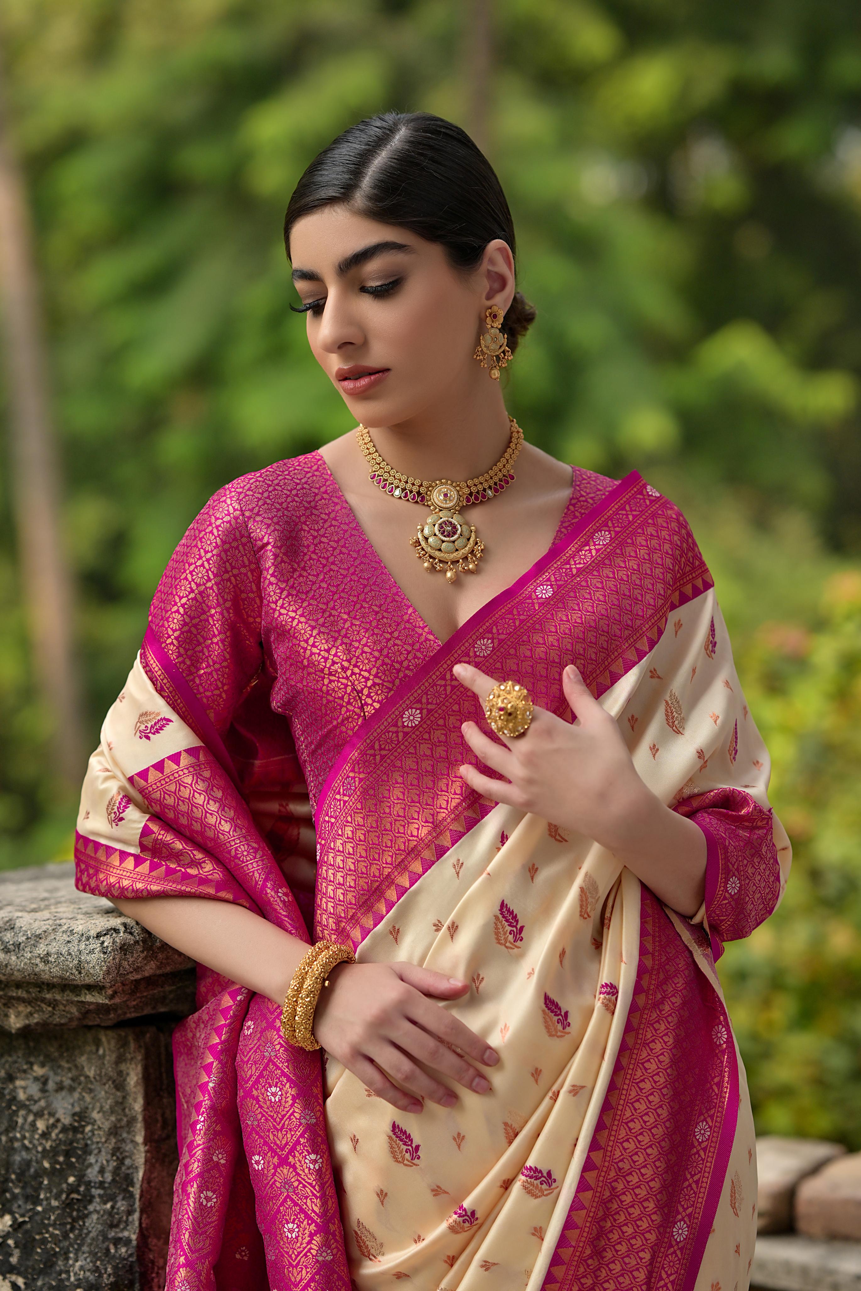 Jyoti Fashion Women's Cream Banarasi Silk Zari Woven Traditional Saree with Blouse - Distacart