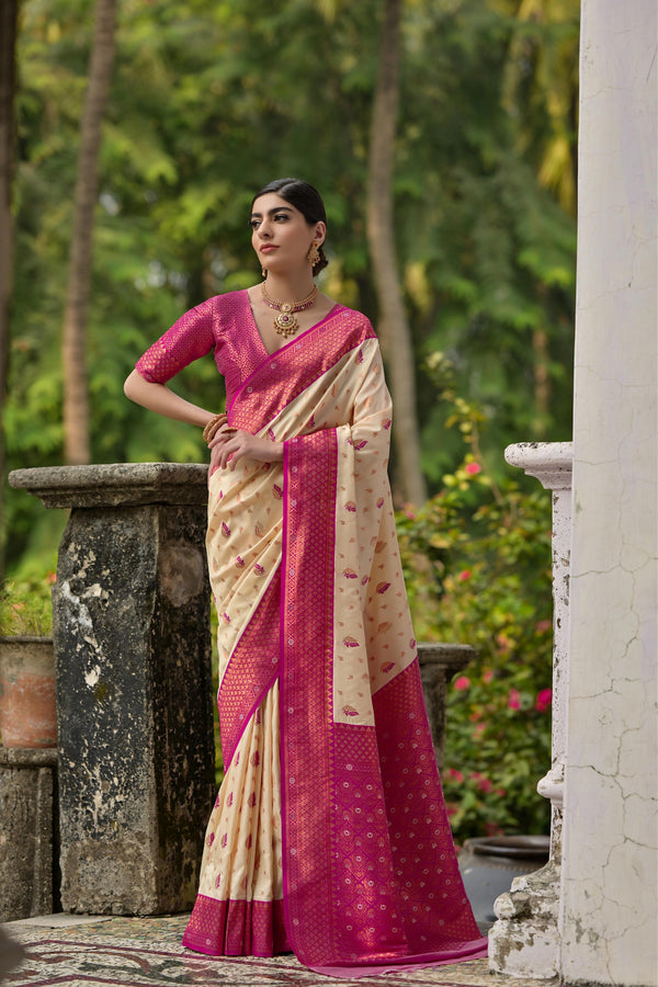 Jyoti Fashion Women's Cream Banarasi Silk Zari Woven Traditional Saree with Blouse - Distacart