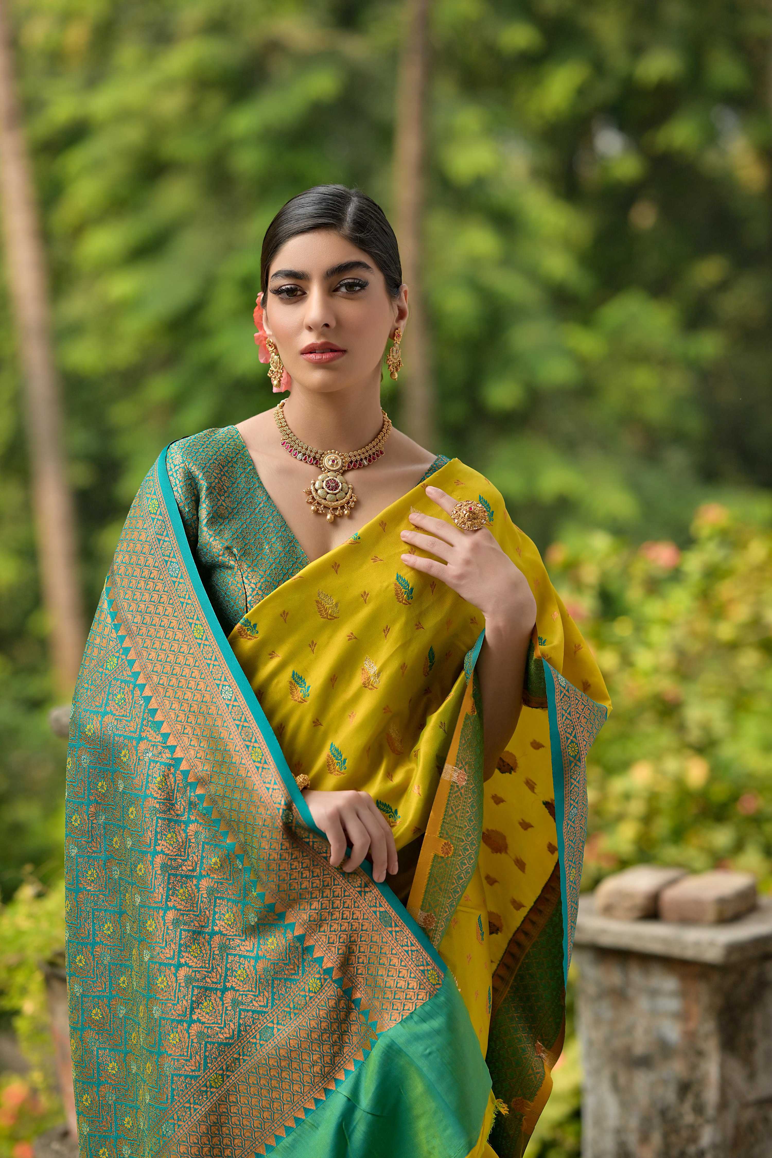 Jyoti Fashion Women's Lemon Yellow Banarasi Silk Zari Woven Traditional Saree with Blouse - Distacart