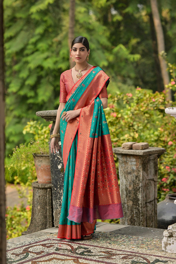 Jyoti Fashion Women's Rama Banarasi Silk Zari Woven Traditional Saree with Blouse - Distacart