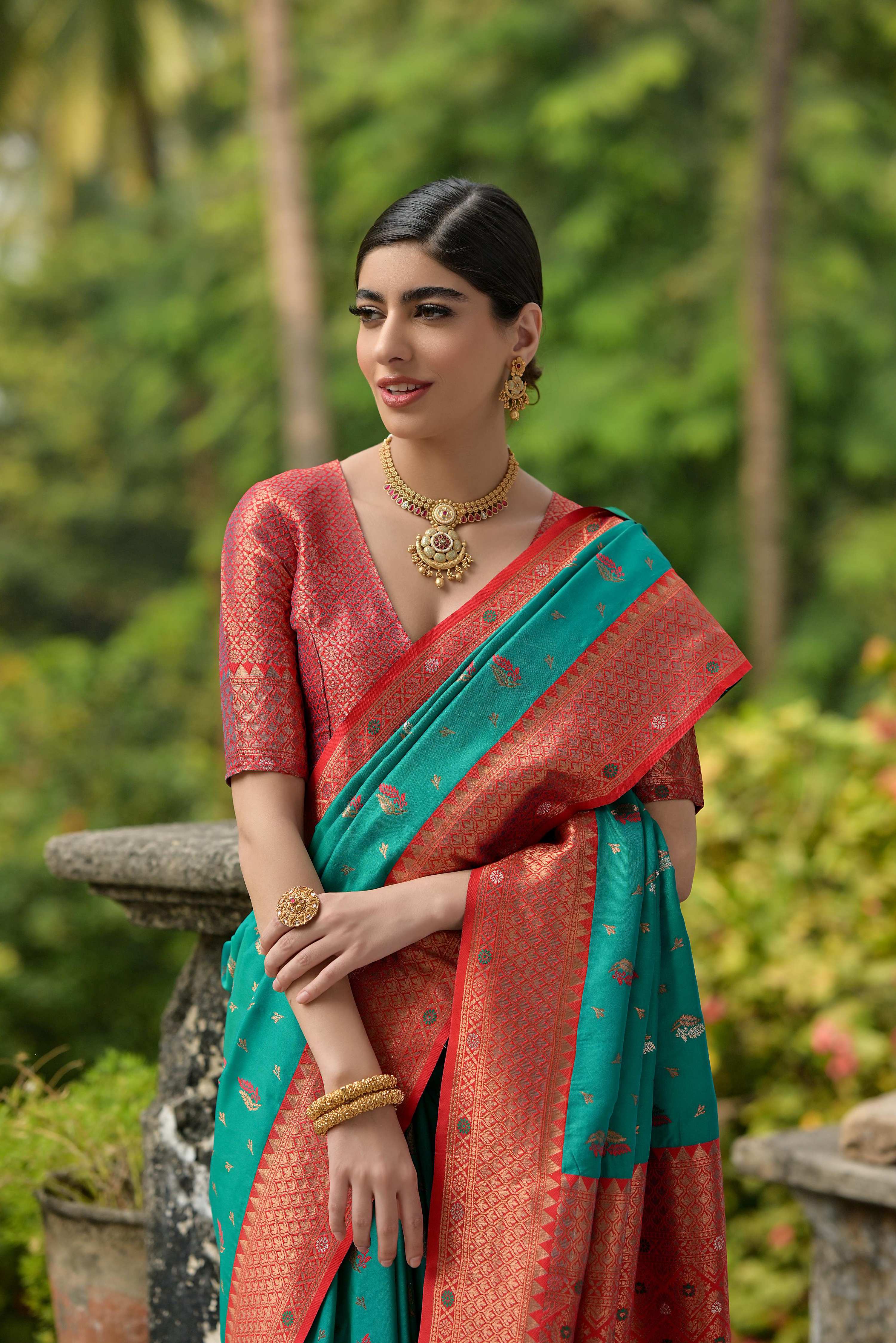 Jyoti Fashion Women's Rama Banarasi Silk Zari Woven Traditional Saree with Blouse - Distacart