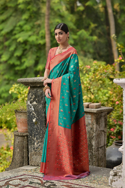 Jyoti Fashion Women's Rama Banarasi Silk Zari Woven Traditional Saree with Blouse - Distacart