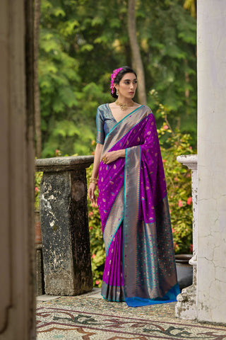 Jyoti Fashion Women's Purple Banarasi Silk Zari Woven Traditional Saree with Blouse - Distacart