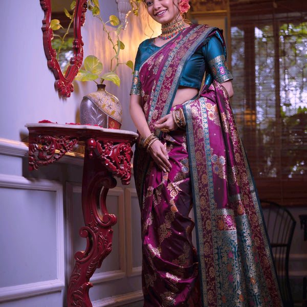 Jyoti Fashion Women's Wine Soft Banarasi Silk Zari Woven Traditional Saree with Blouse - Distacart