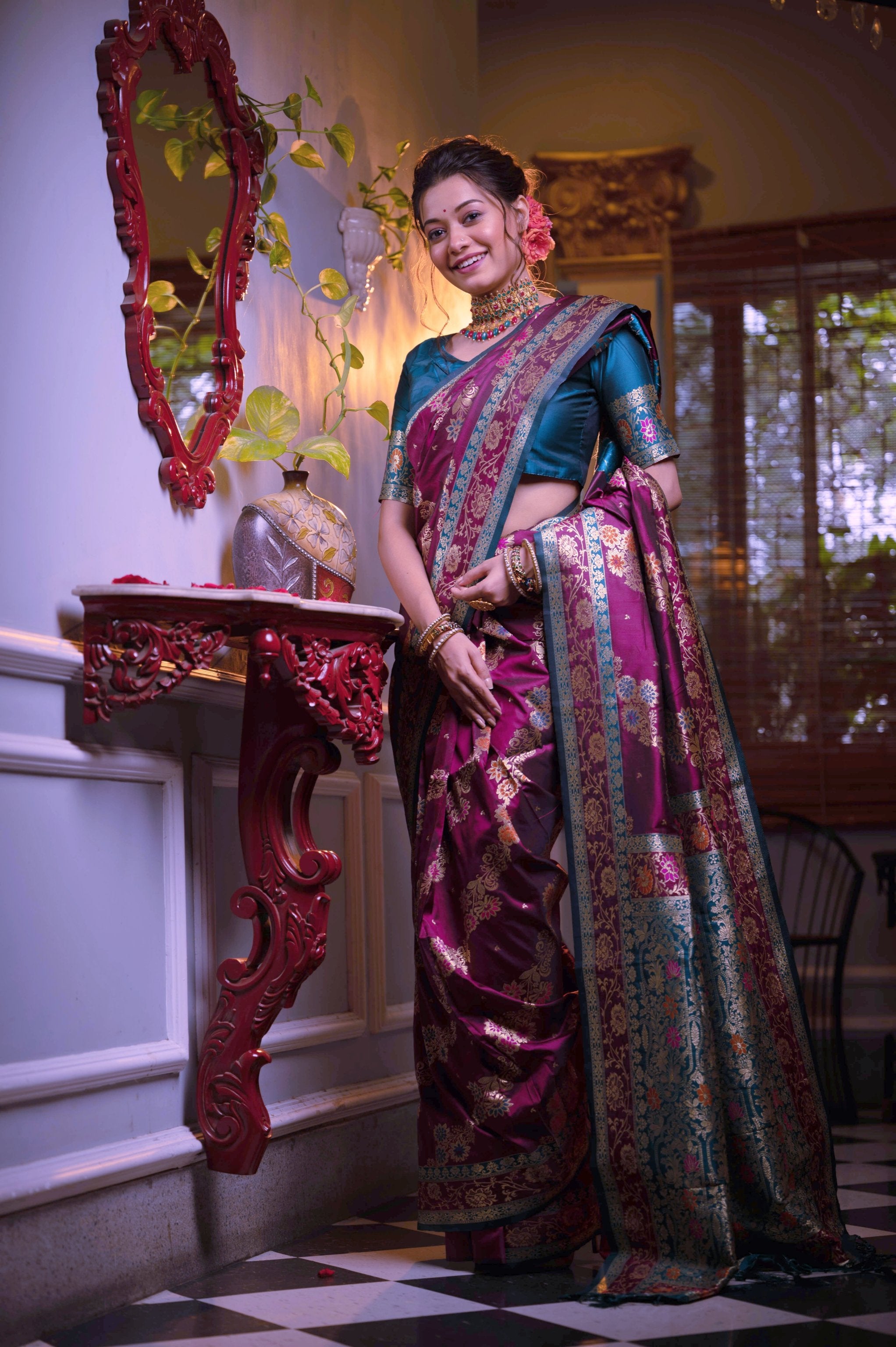 Jyoti Fashion Women's Wine Soft Banarasi Silk Zari Woven Traditional Saree with Blouse - Distacart