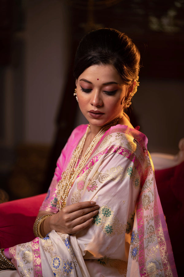Jyoti Fashion Women's Off-White Soft Banarasi Silk Zari Woven Traditional Saree with Blouse - Distacart