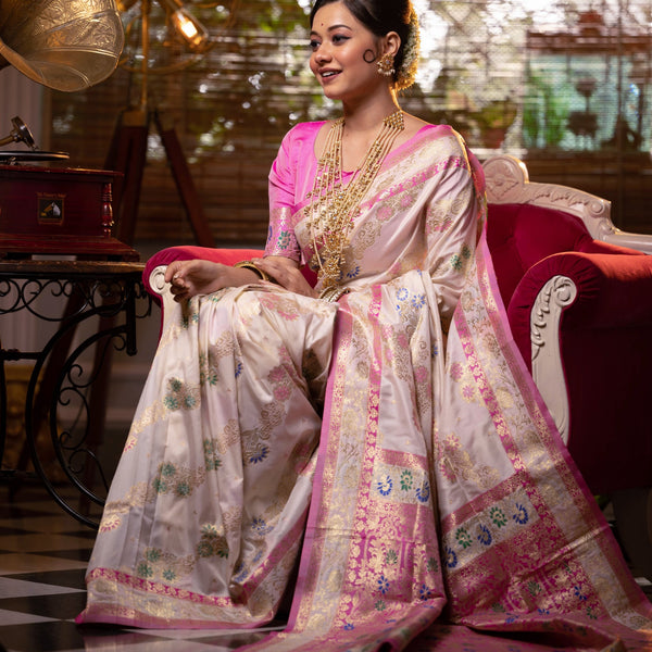 Jyoti Fashion Women's Off-White Soft Banarasi Silk Zari Woven Traditional Saree with Blouse - Distacart
