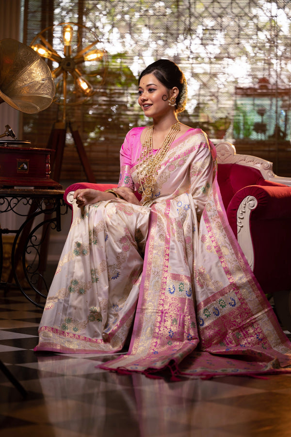 Jyoti Fashion Women's Off-White Soft Banarasi Silk Zari Woven Traditional Saree with Blouse - Distacart