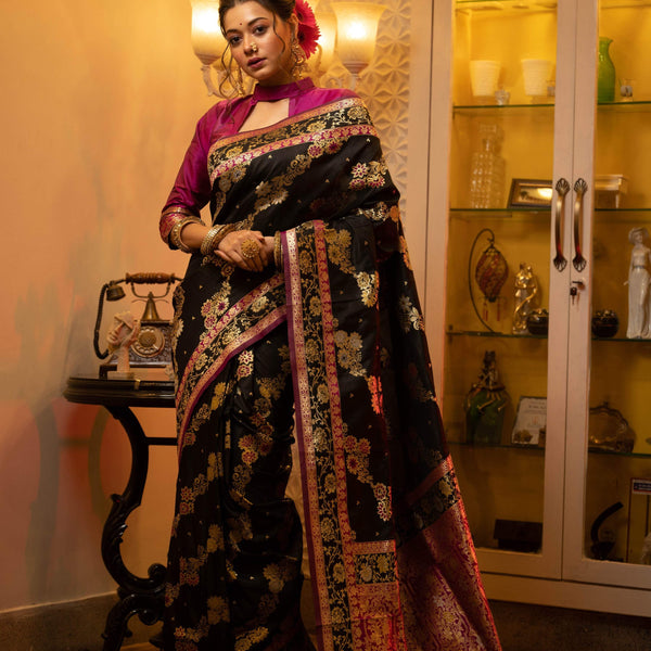 Jyoti Fashion Women's Black Soft Banarasi Silk Zari Woven Traditional Saree with Blouse - Distacart