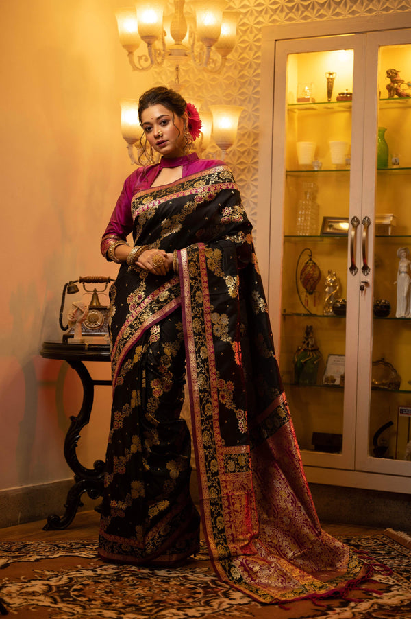 Jyoti Fashion Women's Black Soft Banarasi Silk Zari Woven Traditional Saree with Blouse - Distacart