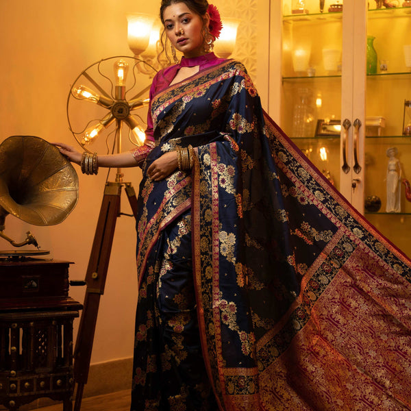 Jyoti Fashion Women's Navy Blue Soft Banarasi Silk Zari Woven Traditional Saree with Blouse - Distacart
