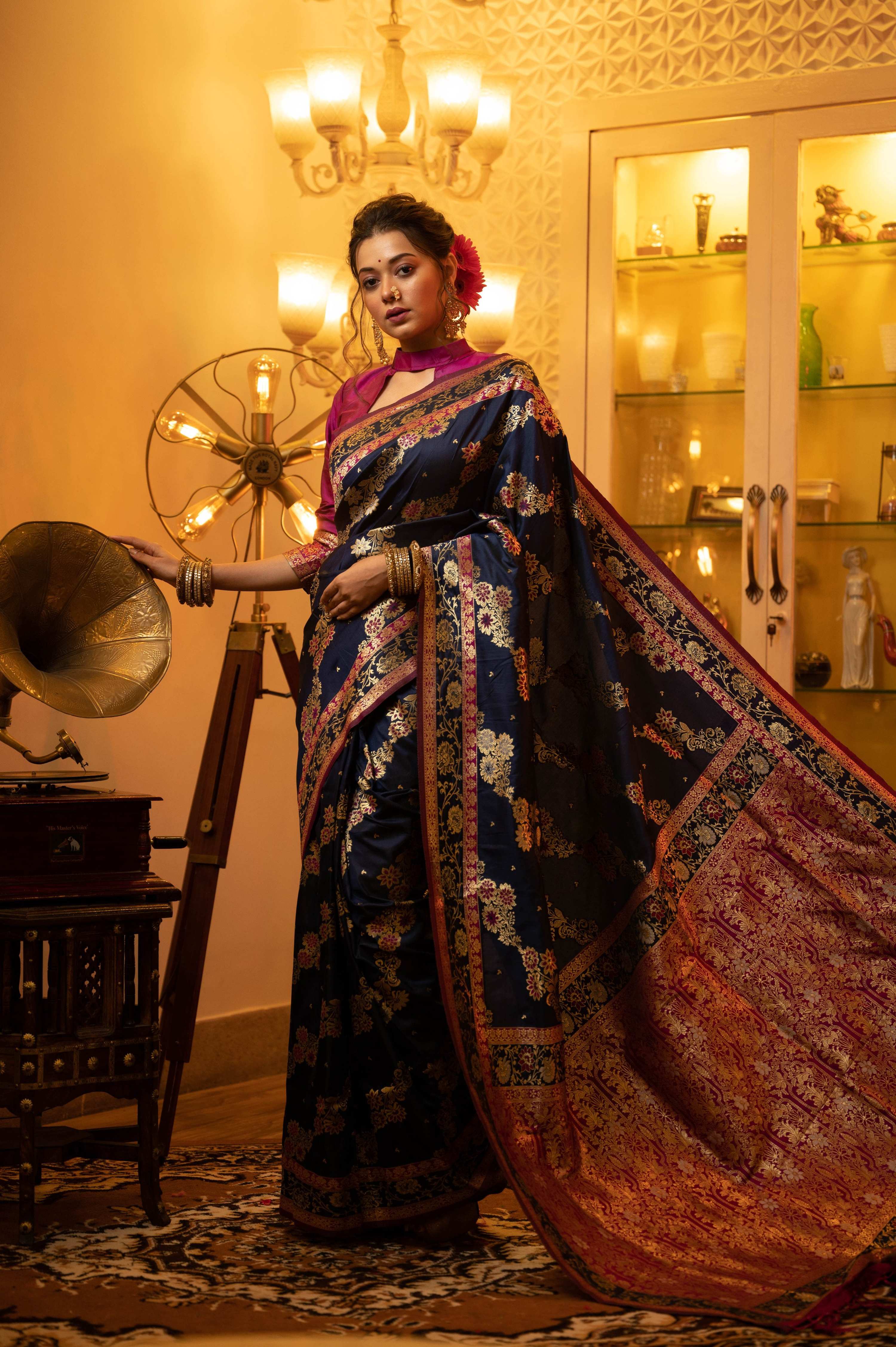 Jyoti Fashion Women's Navy Blue Soft Banarasi Silk Zari Woven Traditional Saree with Blouse - Distacart
