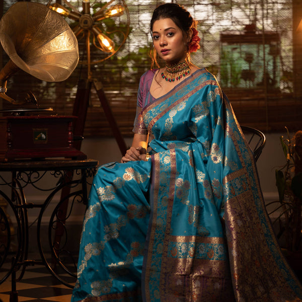 Jyoti Fashion Women's Firozi Soft Banarasi Silk Zari Woven Traditional Saree with Blouse - Distacart