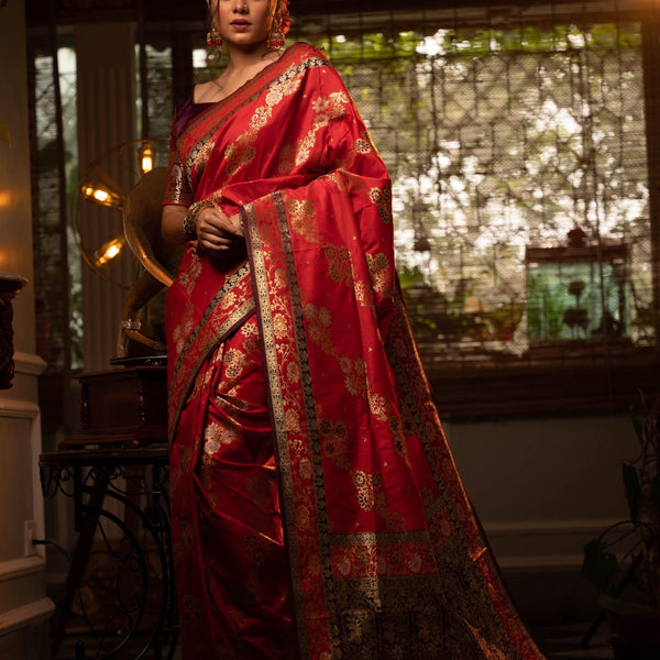 Jyoti Fashion Women's Red Soft Banarasi Silk Zari Woven Traditional Saree with Blouse - Distacart