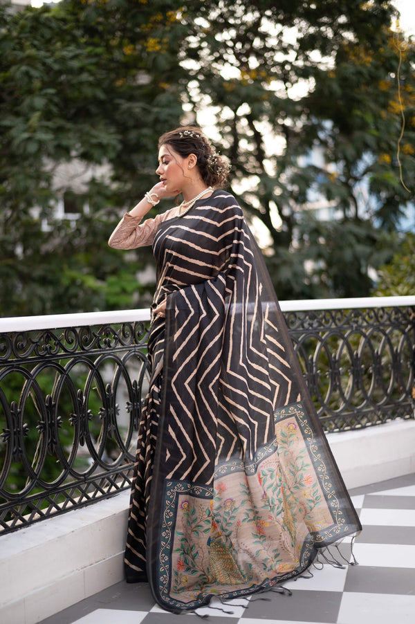Jyoti Fashion Women's Black Tussar Silk Leheriya Print with Zari Border Saree with Blouse - Distacart