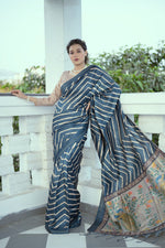 Thumbnail for Jyoti Fashion Women's Blue Tussar Silk Leheriya Print with Zari Border Saree with Blouse - Distacart