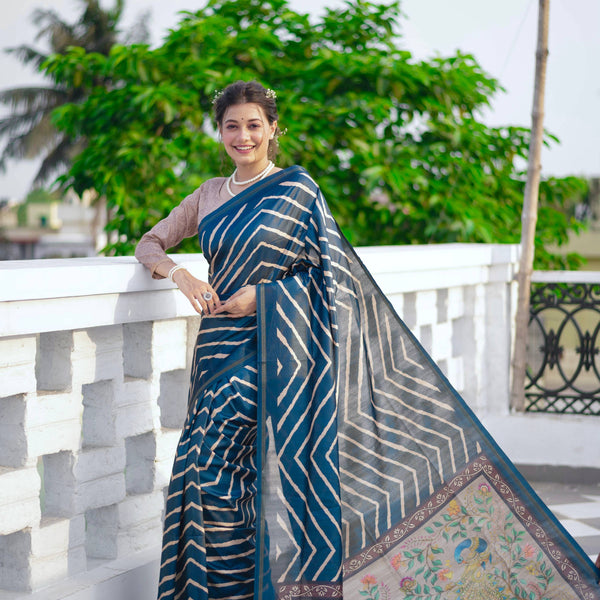 Jyoti Fashion Women's Blue Tussar Silk Leheriya Print with Zari Border Saree with Blouse - Distacart
