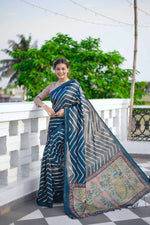 Thumbnail for Jyoti Fashion Women's Blue Tussar Silk Leheriya Print with Zari Border Saree with Blouse - Distacart