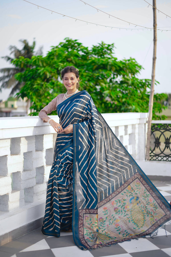 Jyoti Fashion Women's Blue Tussar Silk Leheriya Print with Zari Border Saree with Blouse - Distacart