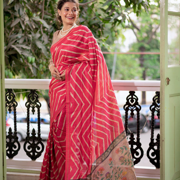 Jyoti Fashion Women's Gajri Tussar Silk Leheriya Print with Zari Border Saree with Blouse - Distacart