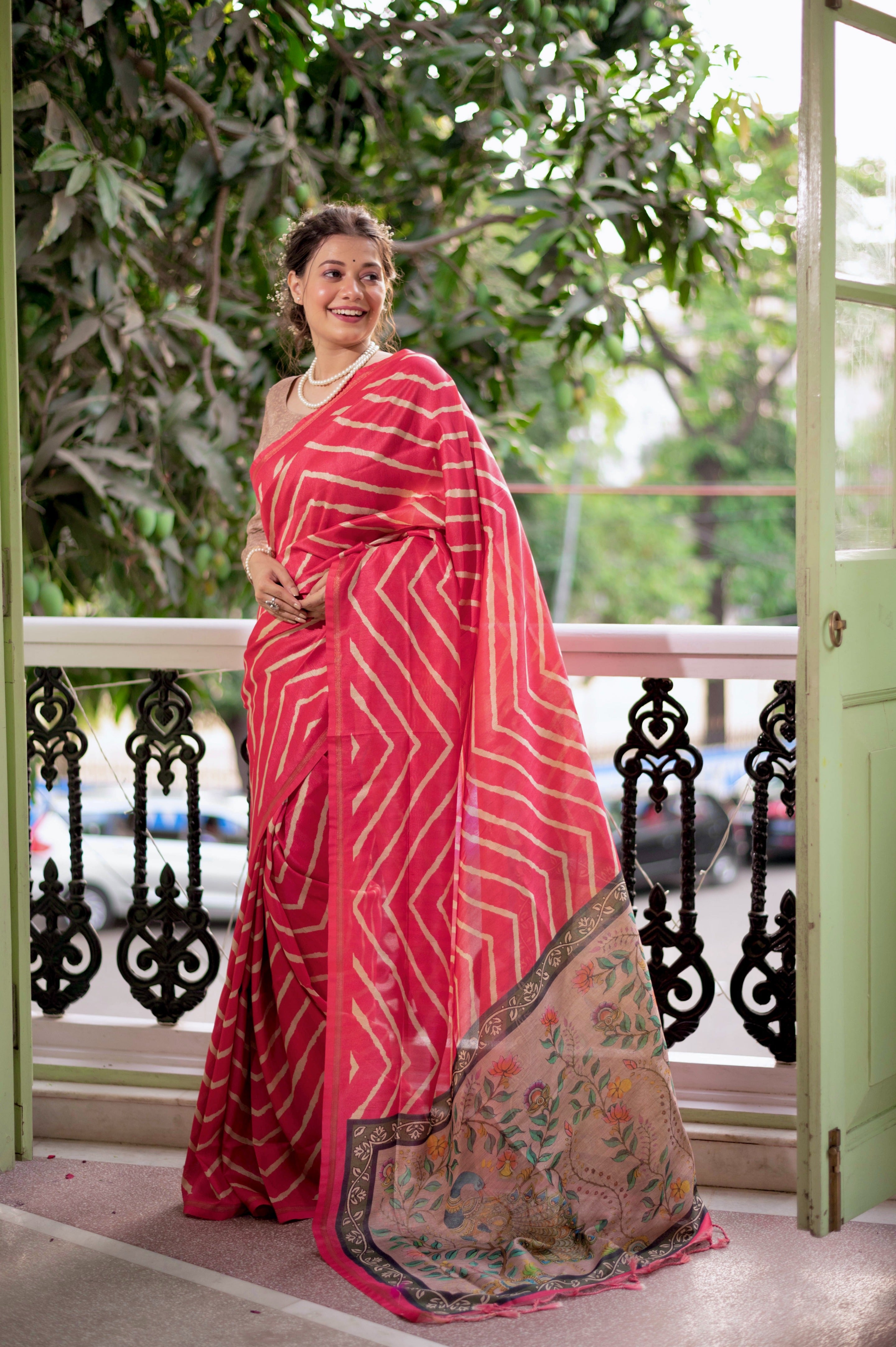 Jyoti Fashion Women's Gajri Tussar Silk Leheriya Print with Zari Border Saree with Blouse - Distacart