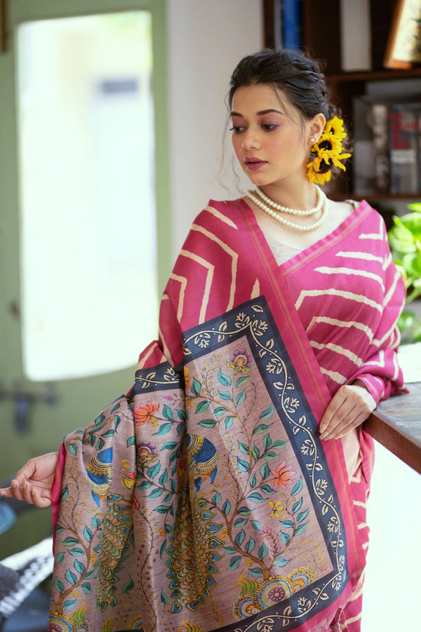 Jyoti Fashion Women's Pink Tussar Silk Leheriya Print with Zari Border Saree with Blouse - Distacart