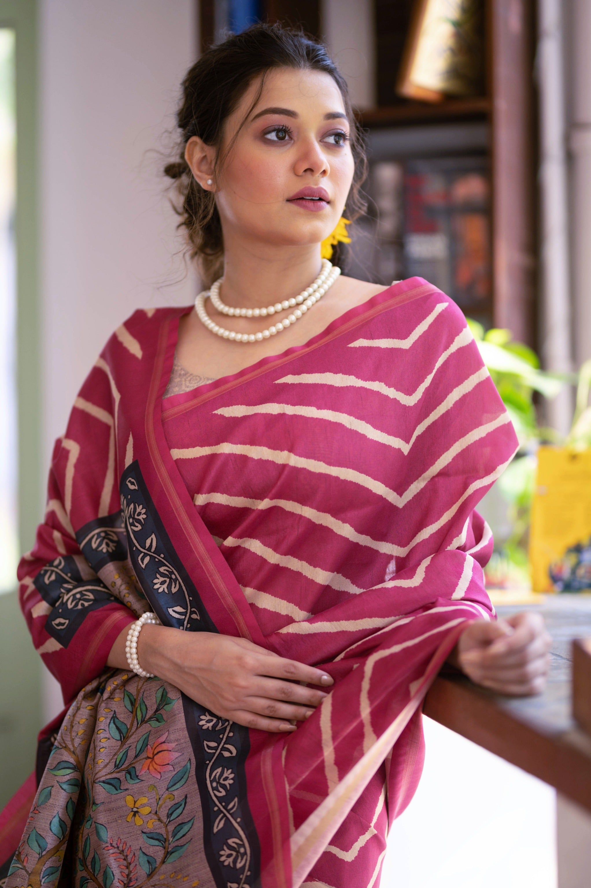 Jyoti Fashion Women's Pink Tussar Silk Leheriya Print with Zari Border Saree with Blouse - Distacart