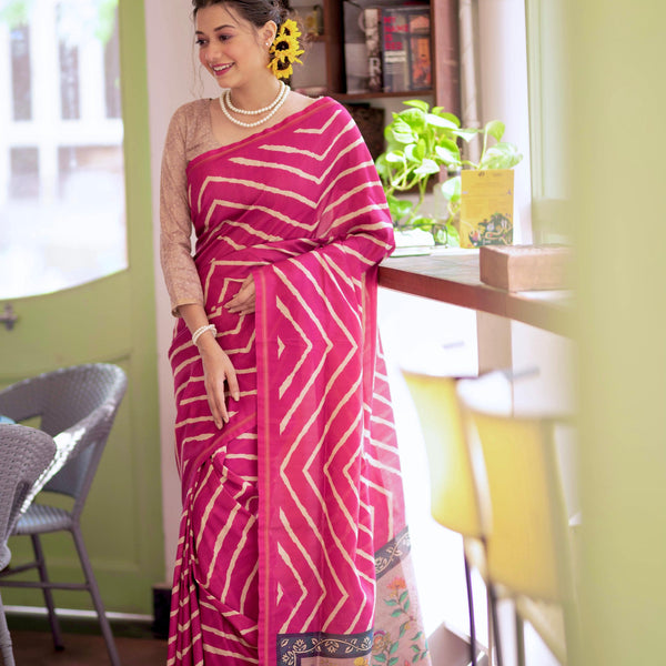 Jyoti Fashion Women's Pink Tussar Silk Leheriya Print with Zari Border Saree with Blouse - Distacart