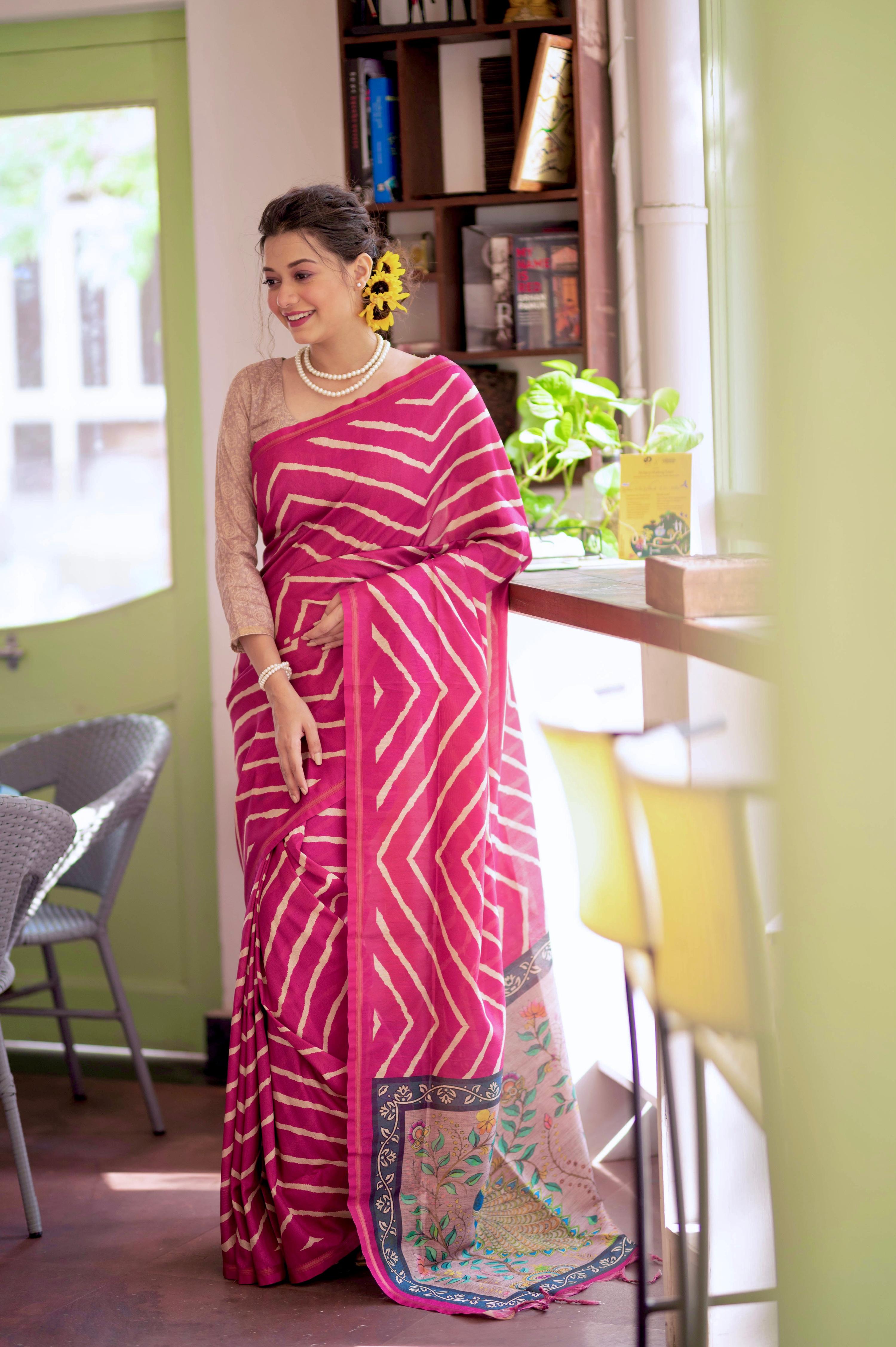 Jyoti Fashion Women's Pink Tussar Silk Leheriya Print with Zari Border Saree with Blouse - Distacart