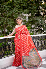 Thumbnail for Jyoti Fashion Women's Red Tussar Silk Leheriya Print with Zari Border Saree with Blouse - Distacart
