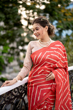 Thumbnail for Jyoti Fashion Women's Red Tussar Silk Leheriya Print with Zari Border Saree with Blouse - Distacart