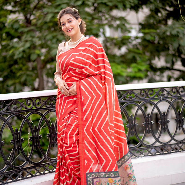Jyoti Fashion Women's Red Tussar Silk Leheriya Print with Zari Border Saree with Blouse - Distacart