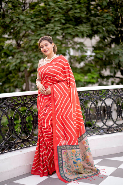 Jyoti Fashion Women's Red Tussar Silk Leheriya Print with Zari Border Saree with Blouse - Distacart