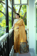 Thumbnail for Jyoti Fashion Women's Yellow Tussar Silk Leheriya Print with Zari Border Saree with Blouse - Distacart