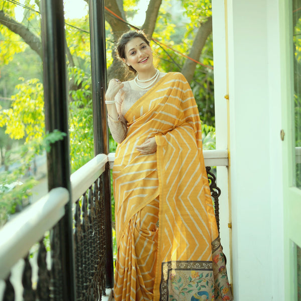 Jyoti Fashion Women's Yellow Tussar Silk Leheriya Print with Zari Border Saree with Blouse - Distacart