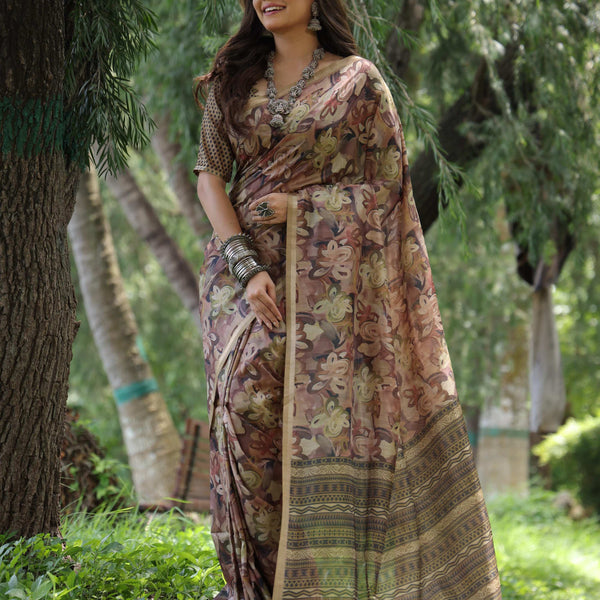 Jyoti Fashion Women's Coffee Soft Tussar Silk Printed and Zari Woven Saree with Blouse - Distacart