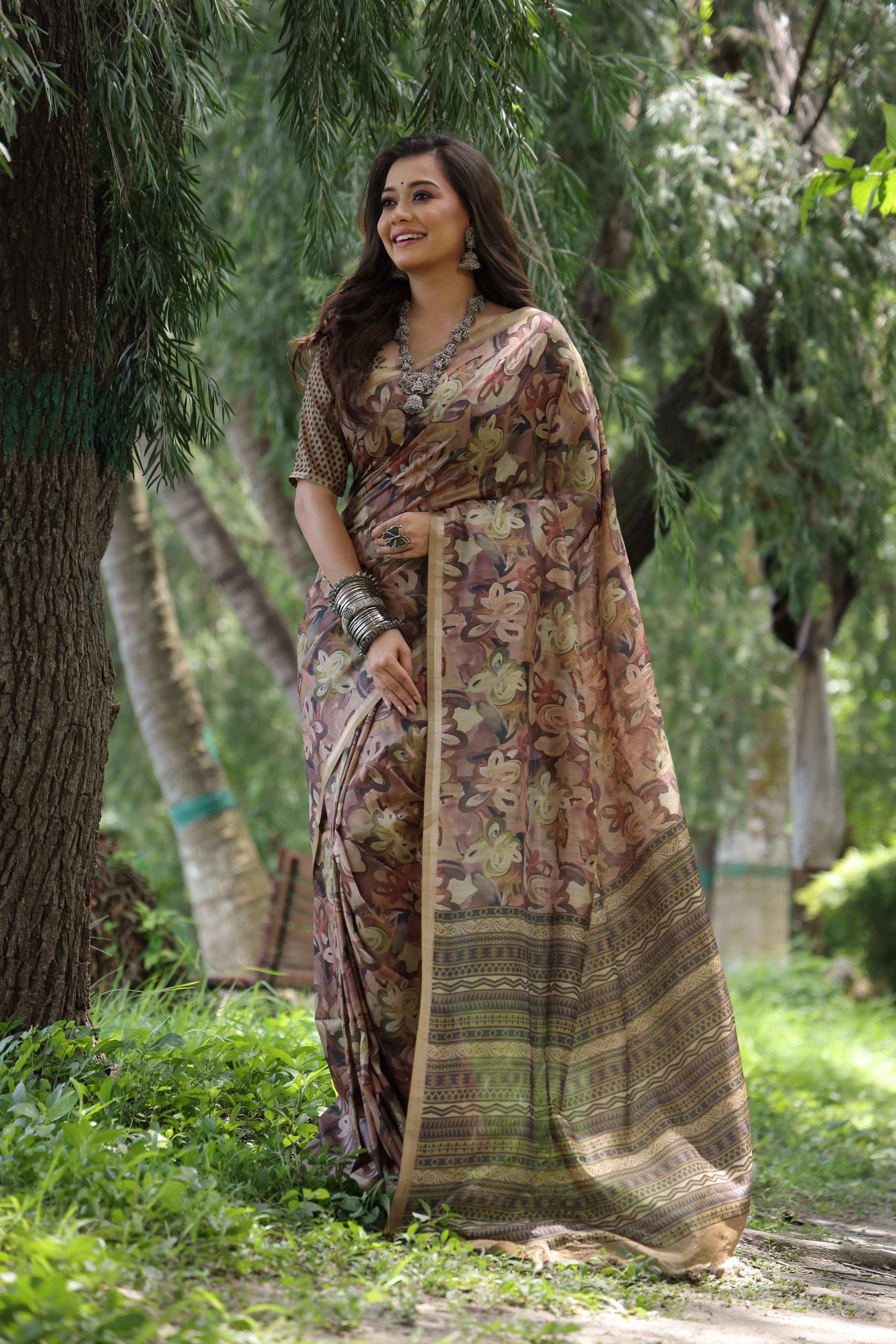 Jyoti Fashion Women's Coffee Soft Tussar Silk Printed and Zari Woven Saree with Blouse - Distacart
