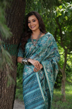 Thumbnail for Jyoti Fashion Women's Sky Blue Soft Tussar Silk Printed and Zari Woven Saree with Blouse - Distacart