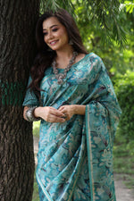 Thumbnail for Jyoti Fashion Women's Sky Blue Soft Tussar Silk Printed and Zari Woven Saree with Blouse - Distacart