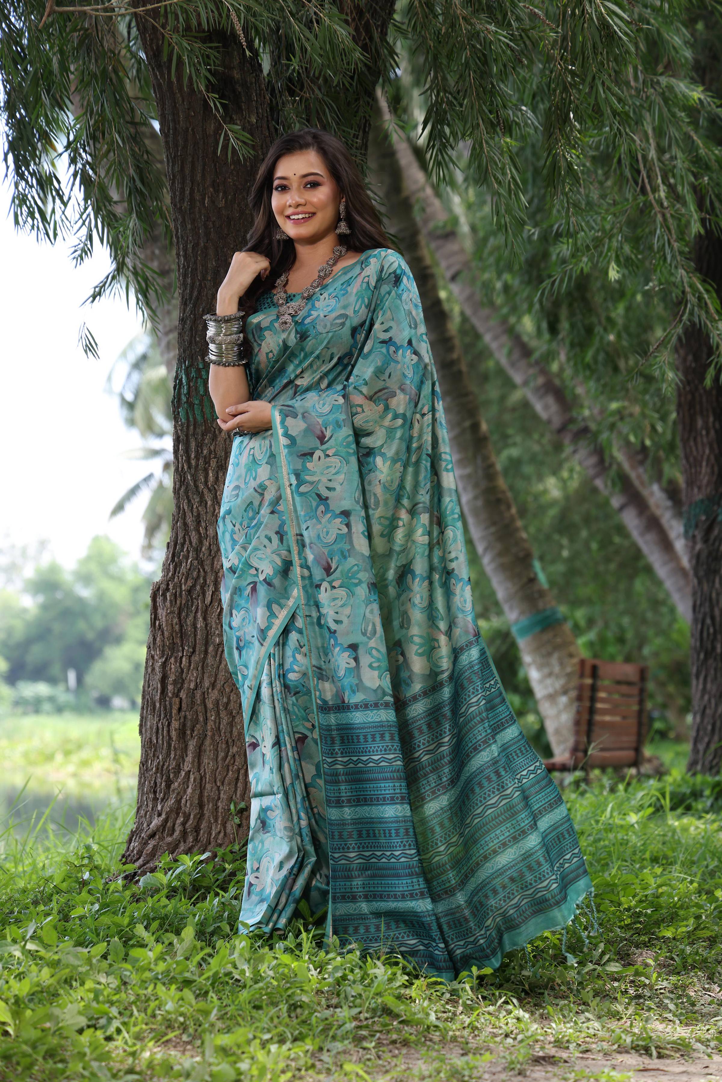 Jyoti Fashion Women's Sky Blue Soft Tussar Silk Printed and Zari Woven Saree with Blouse - Distacart