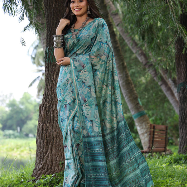 Jyoti Fashion Women's Sky Blue Soft Tussar Silk Printed and Zari Woven Saree with Blouse - Distacart