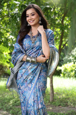 Thumbnail for Jyoti Fashion Women's Blue Soft Tussar Silk Printed and Zari Woven Saree with Blouse - Distacart