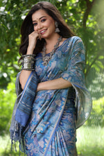 Thumbnail for Jyoti Fashion Women's Blue Soft Tussar Silk Printed and Zari Woven Saree with Blouse - Distacart