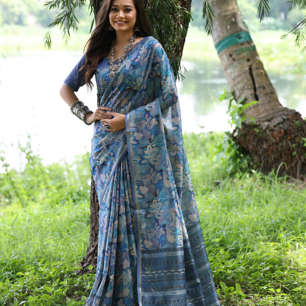 Jyoti Fashion Women's Blue Soft Tussar Silk Printed and Zari Woven Saree with Blouse - Distacart